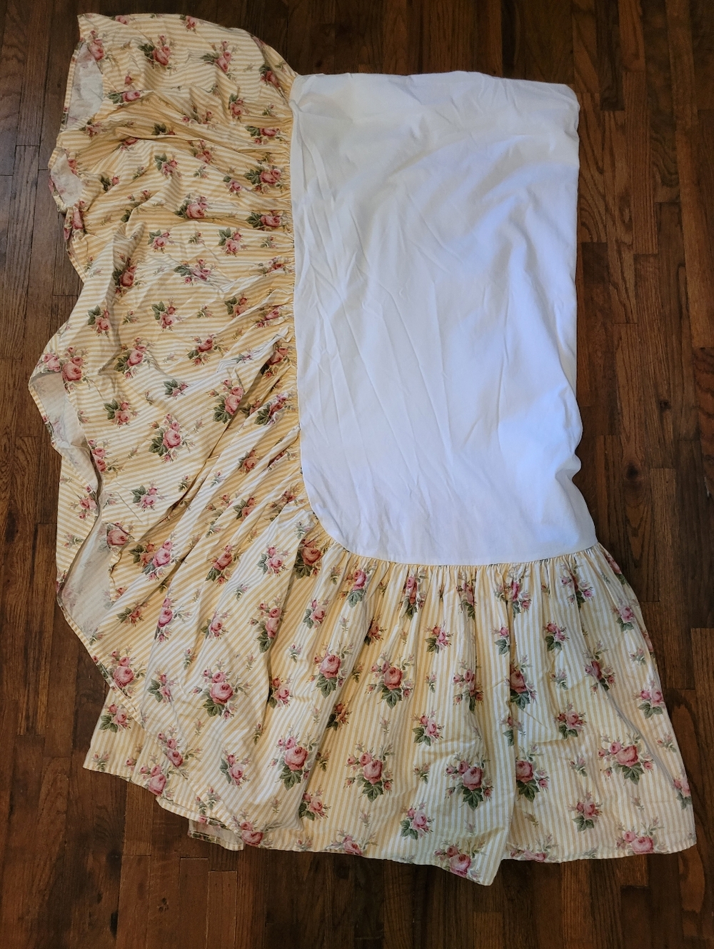 Vintage Ralph Lauren Sophie Brooke Bedskirt Dust Ruffle Queen Yellow Stripe Rose